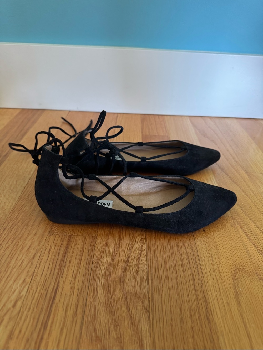 Steve Madden Black Suede Pointed Lace-Up Flats with Ankle Ties